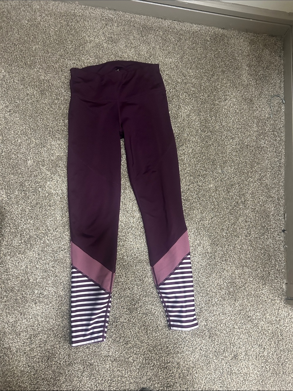 JoyLab Plum Performance Leggings with Mauve and White Stripe Accents